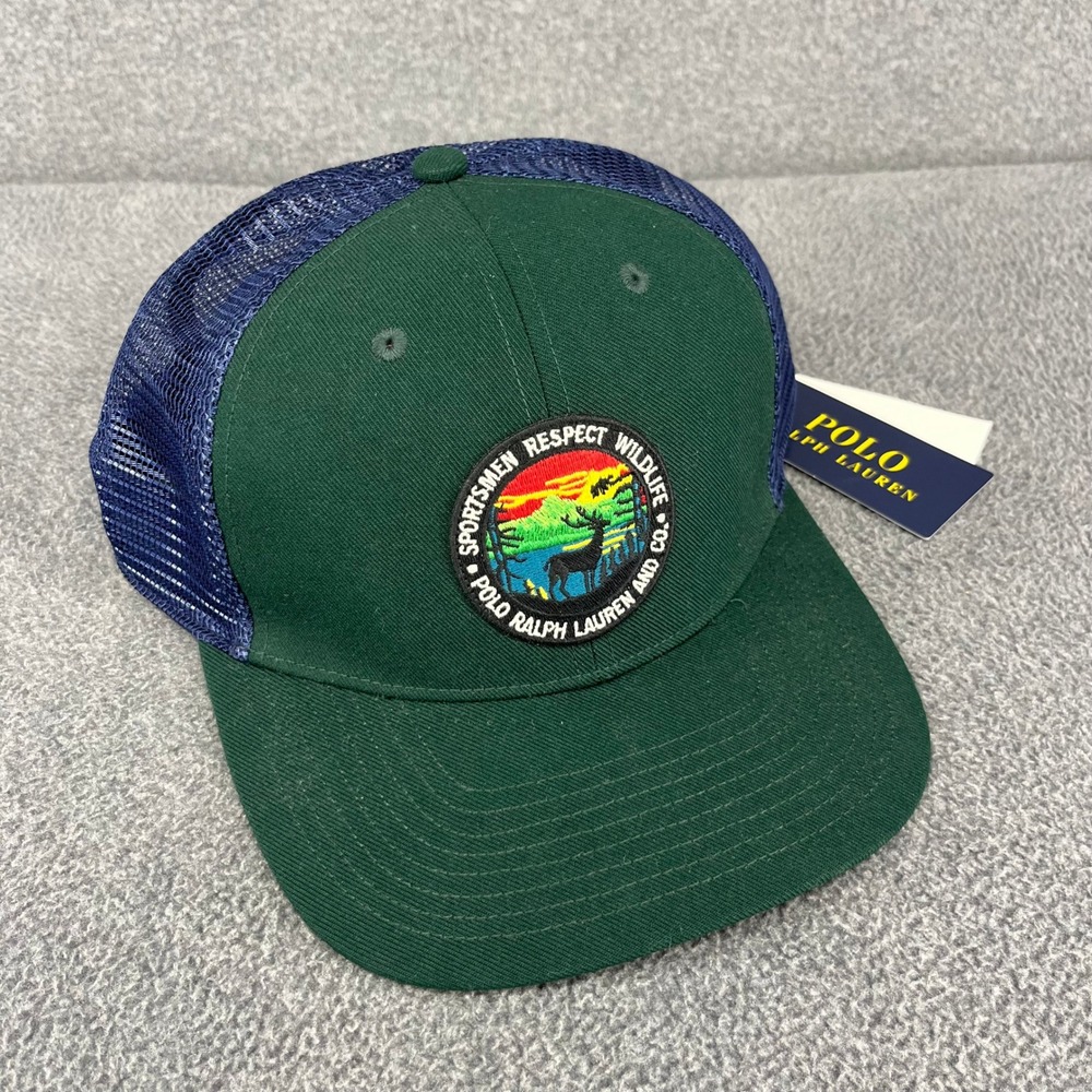 Polo Ralph Lauren Trucker Hat Mens OSZ Green Navy Wildlife Patch Snapback Cap